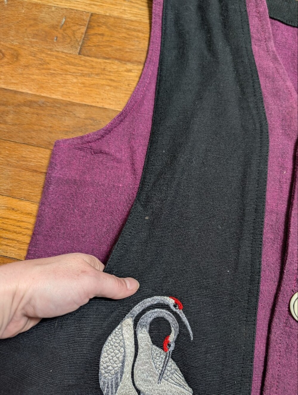 Vintage Art to Wear Japanese Crane Embroidered Vest Purple Black Woven Asian Med - Picture 10 of 16